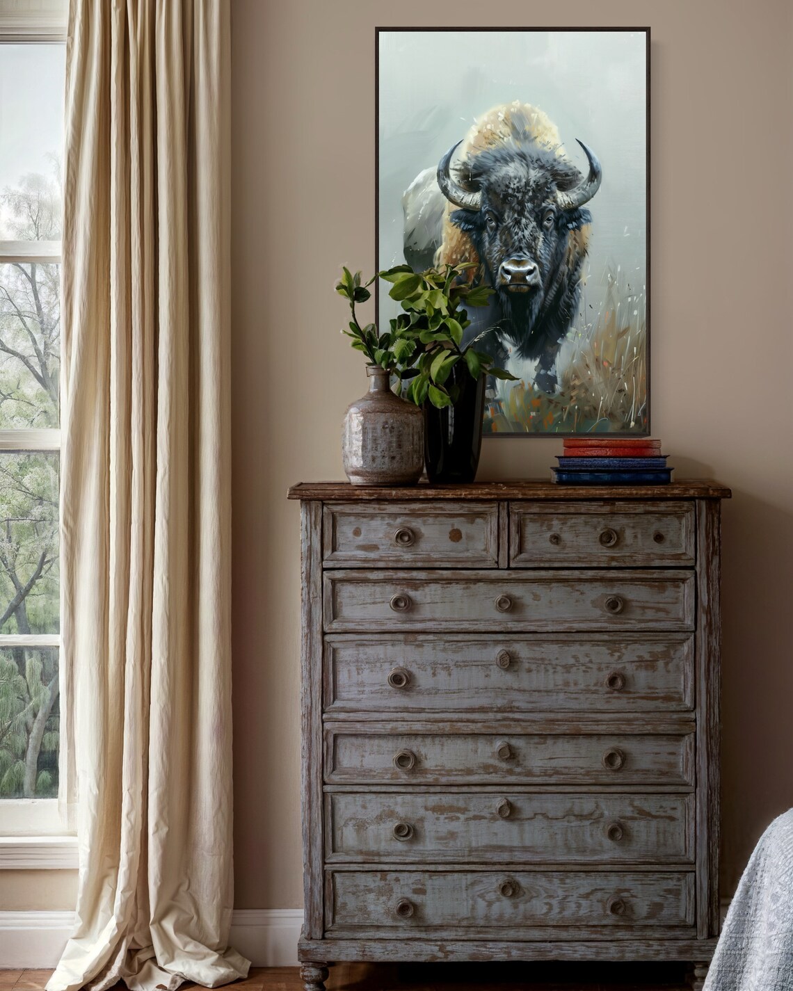 Bison Portrait Misty Grassland Realistic Buffalo Wildlife Art Print Wall Poster - Image 3
