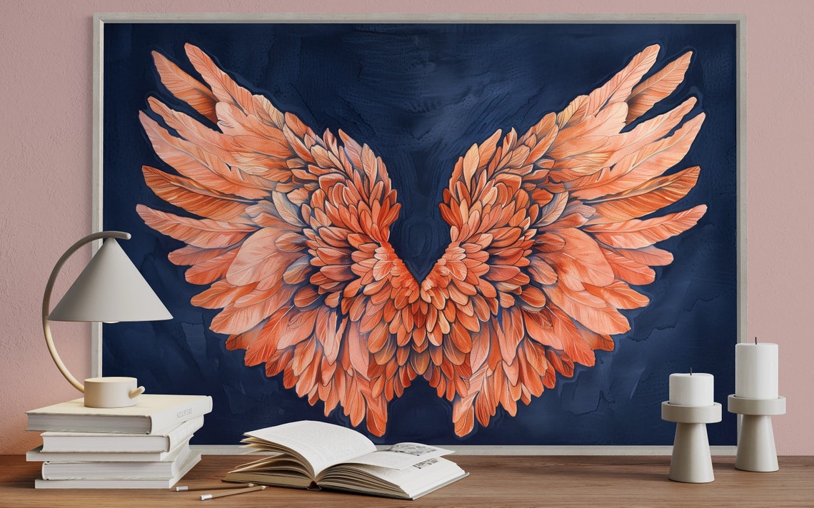 Dreamy Peach Angel Wings Navy Ethereal Abstract Wall Art Print - Image 3