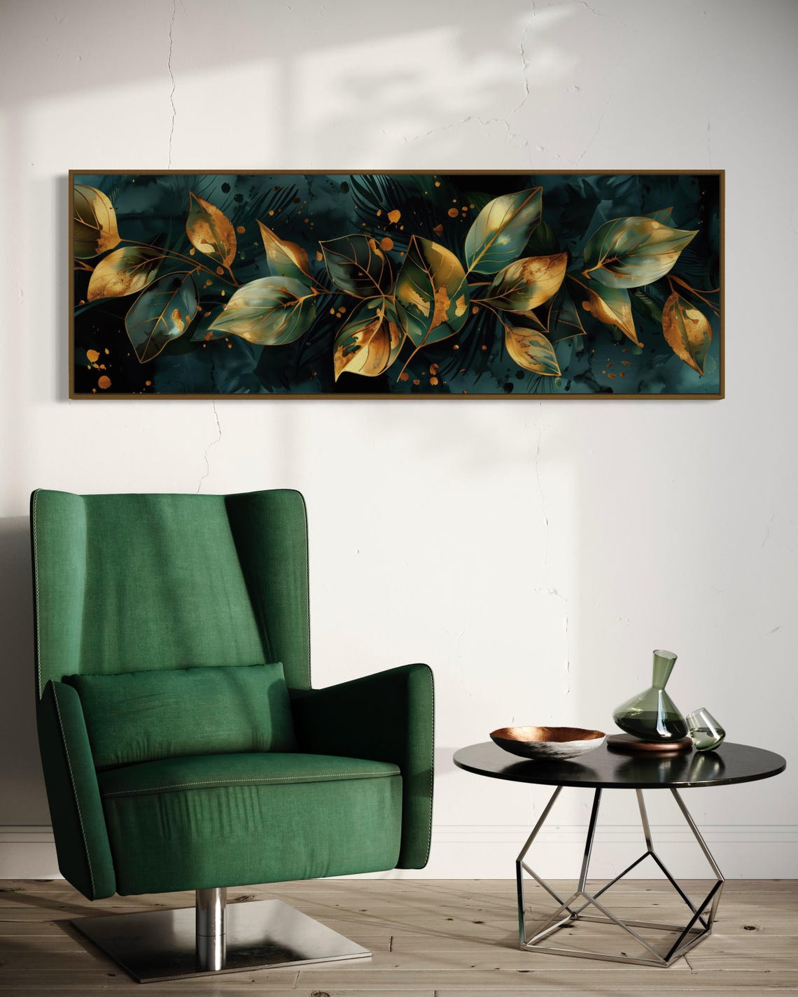 Elegant Gold Black Leaves Panoramic Botanical Luxury Wall Art Print - Image 4