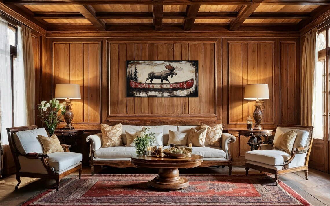 Moose Walking Red Patterned Canoe Reflective Water Rustic Wildlife Poster - Image 4