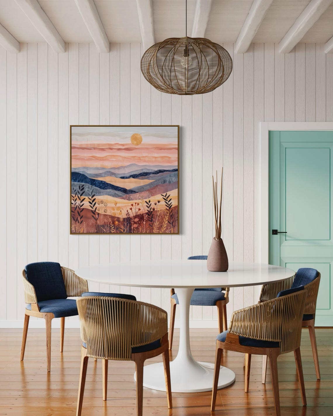 Boho Sunrise Over Rolling Hills Vibrant Mountain Print For Luxury Home Decor Minimalist Boho Wall Art Square Painting Print - Image 4