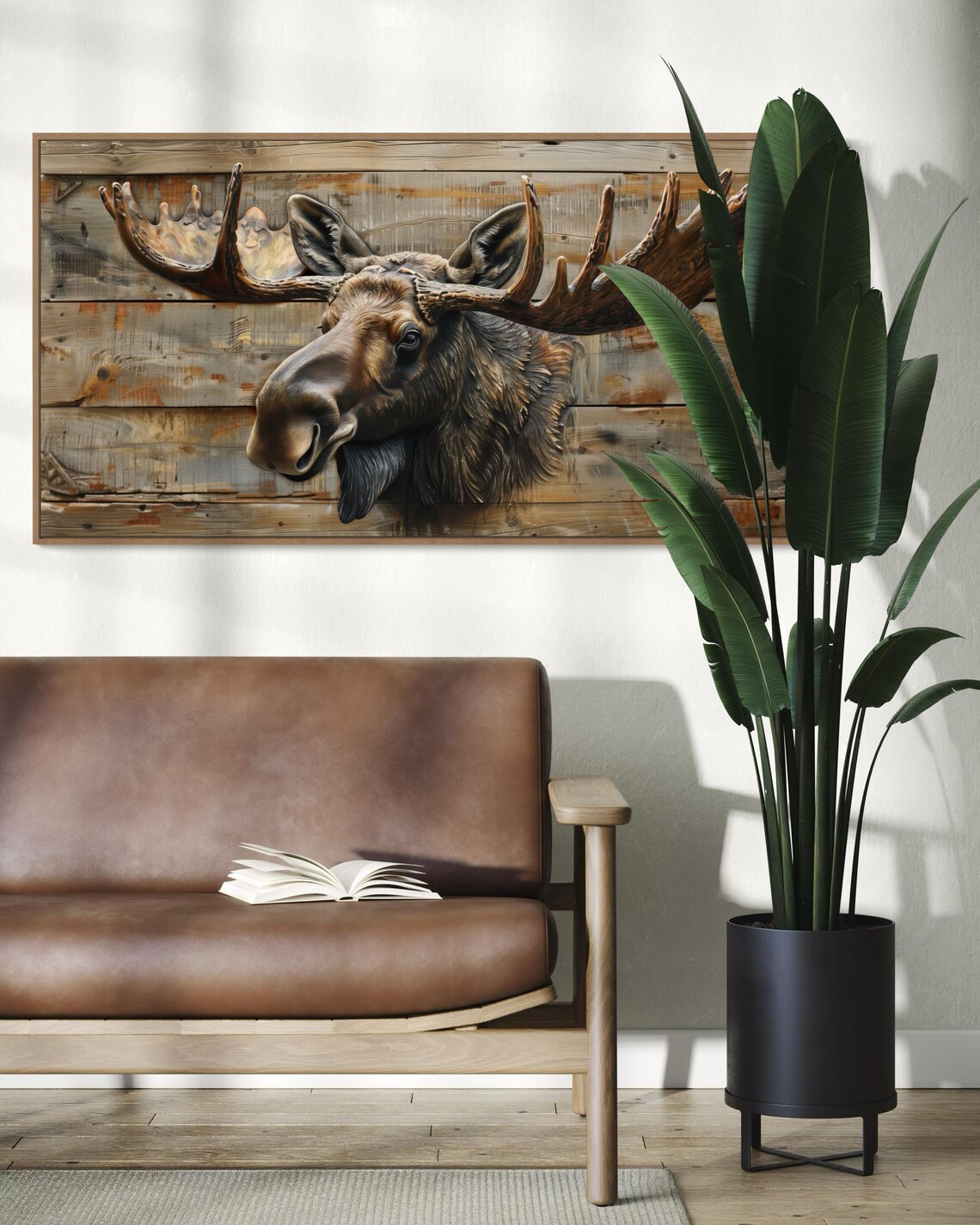 Majestic Moose Head Antlers Rustic Wood Plank Panoramic Wildlife Art Poster - Image 4