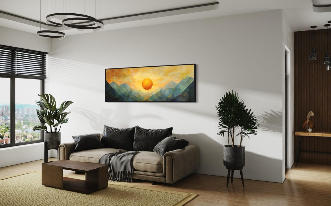 Geometric Style Mountain Sunrise Panoramic Mountain Wall Art Print Perfect Long Narrow Print For Above Bed Or Couch Decor - Image 2