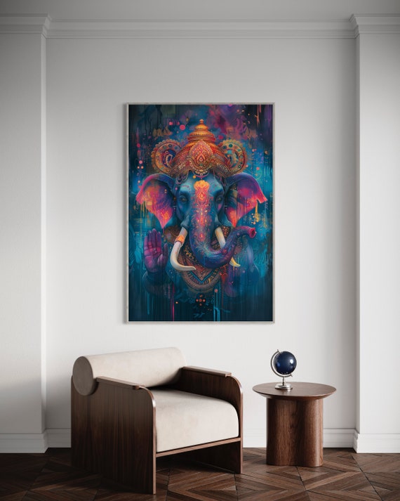 Vibrant Indian Ganesha Wall Art Print Captivating Hindu God Wall Decor For Yoga Studio Decor And Spiritual Environments