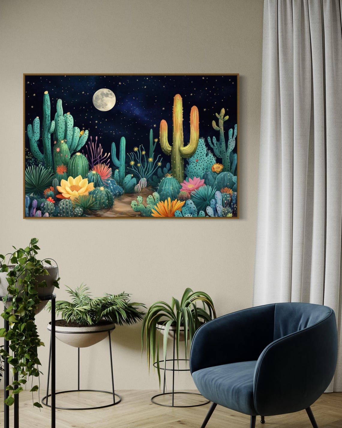 Vibrant Southwest Cactus Garden Moonlit Starry Night Sky Art Print - Image 4