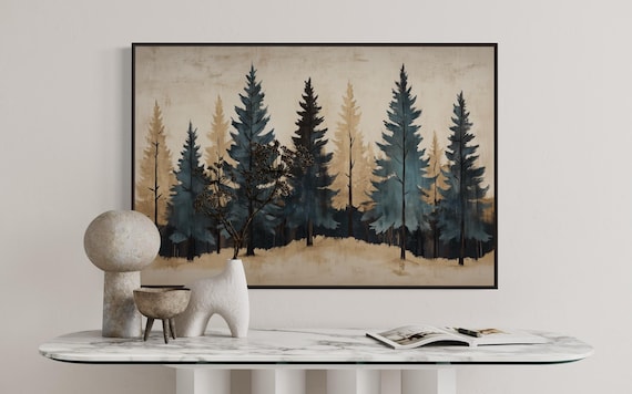 Minimalist Pine Tree Wall Art Abstract Teal And Beige Forest Rustic Charm Print For Elegant Home Or Nature Inspired Decor