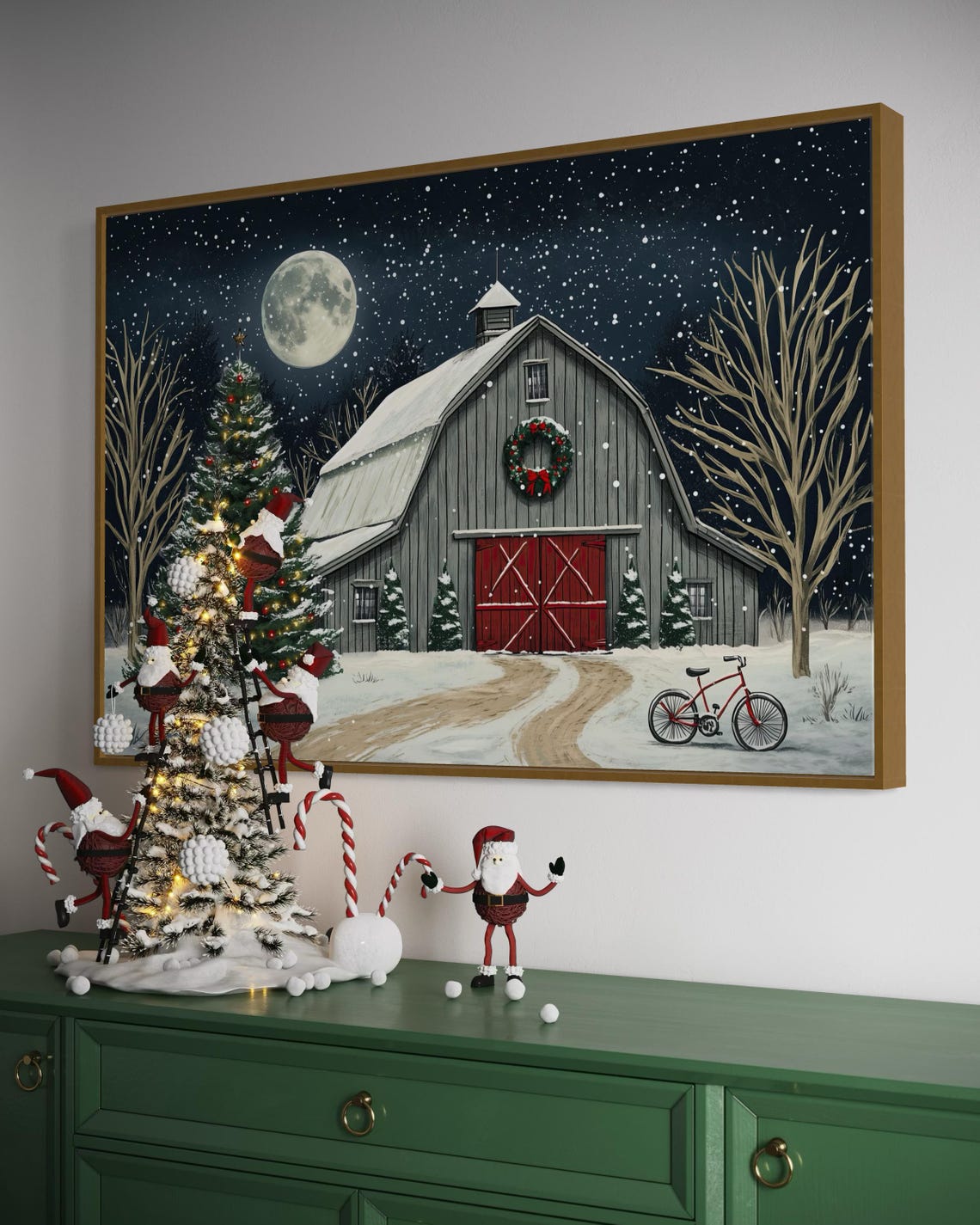 Snowy Christmas Barn Night With Glowing Tree And Festive Wreath Poster - Image 3