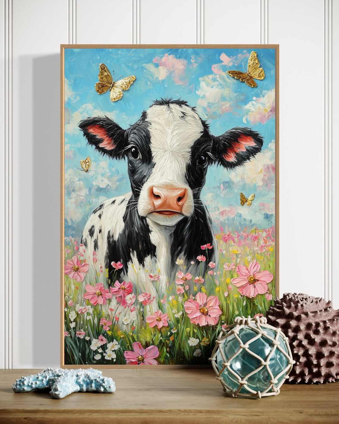Whimsical Calf Art Charming Cow Print With Pink Wildflowers And Golden Butterflies Farmhouse Decor For Nursery Or Girls Room - Image 3