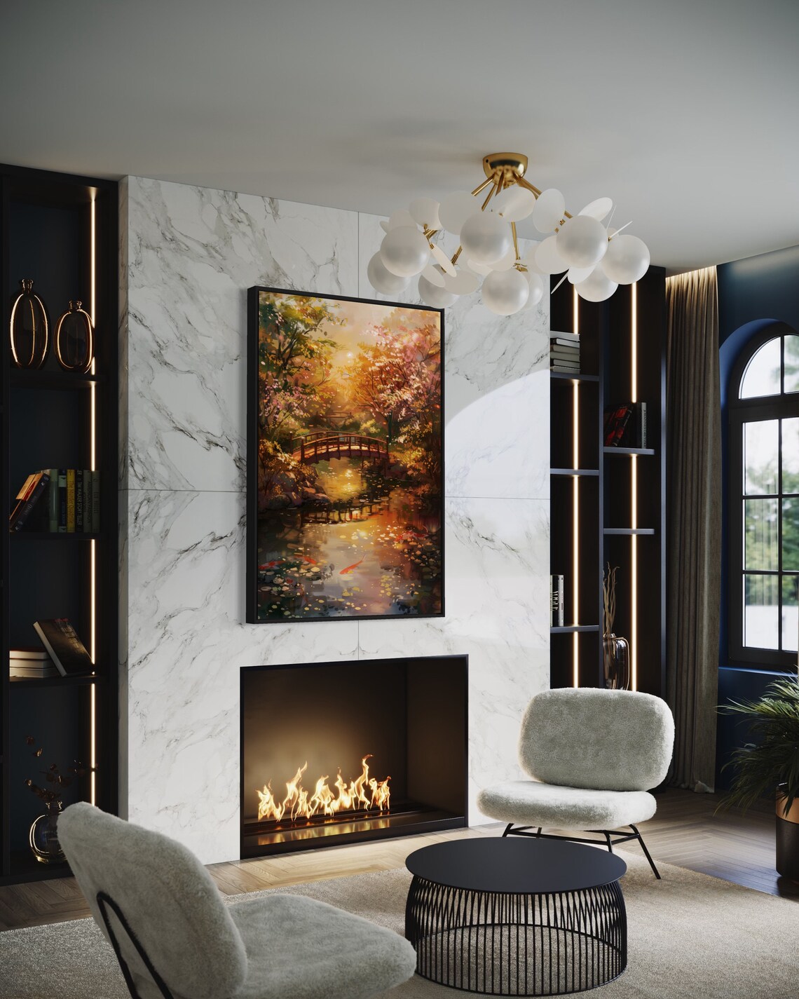 Japanese Zen Garden Koi Pond Wooden Bridge Autumn Light Poster - Image 2