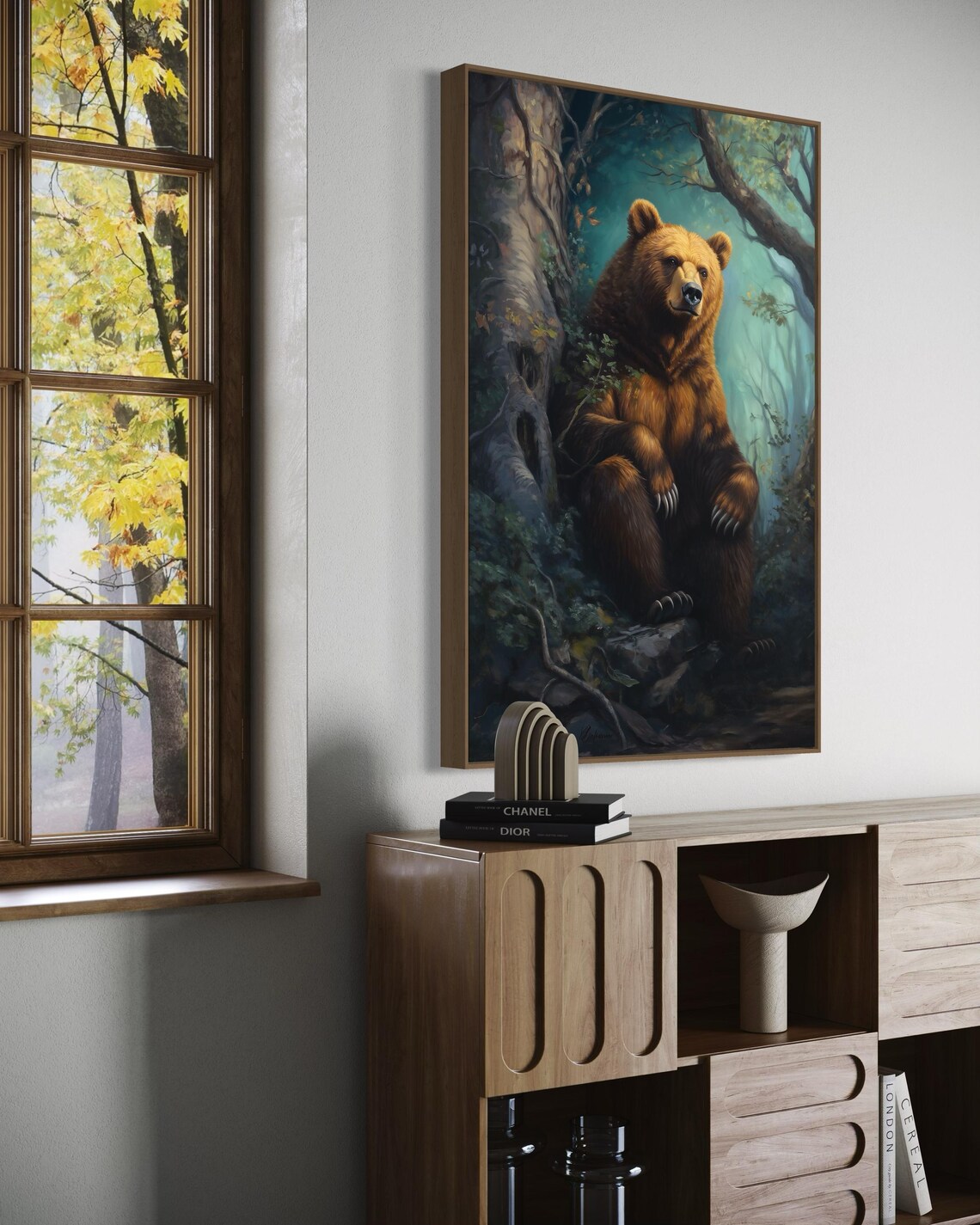Majestic Brown Bear Forest Sitting Misty Woods Realistic Wildlife Art Poster - Image 5
