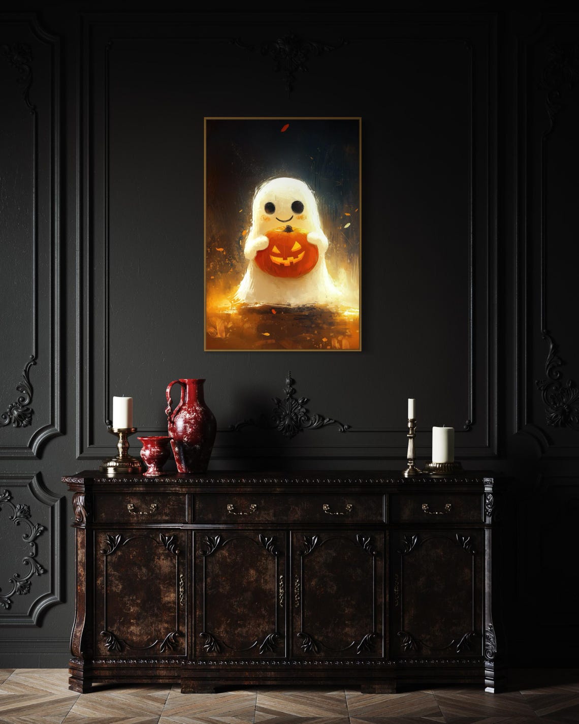 Cute Smiling Ghost Holding Pumpkin Jack O Lantern Halloween Art Print - Image 2