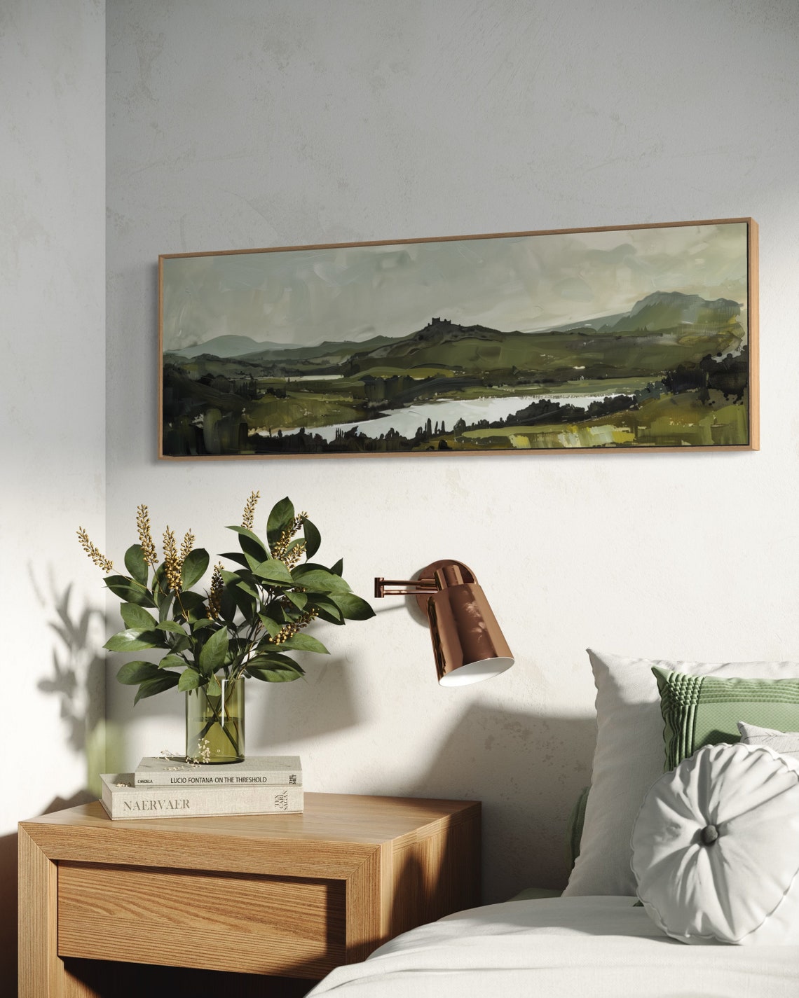 Rolling Hills Resplendence Atmospheric Castle Silhouette Over Mountain Lake Panoramic Landscape Art For Modern Home Decore - Image 3