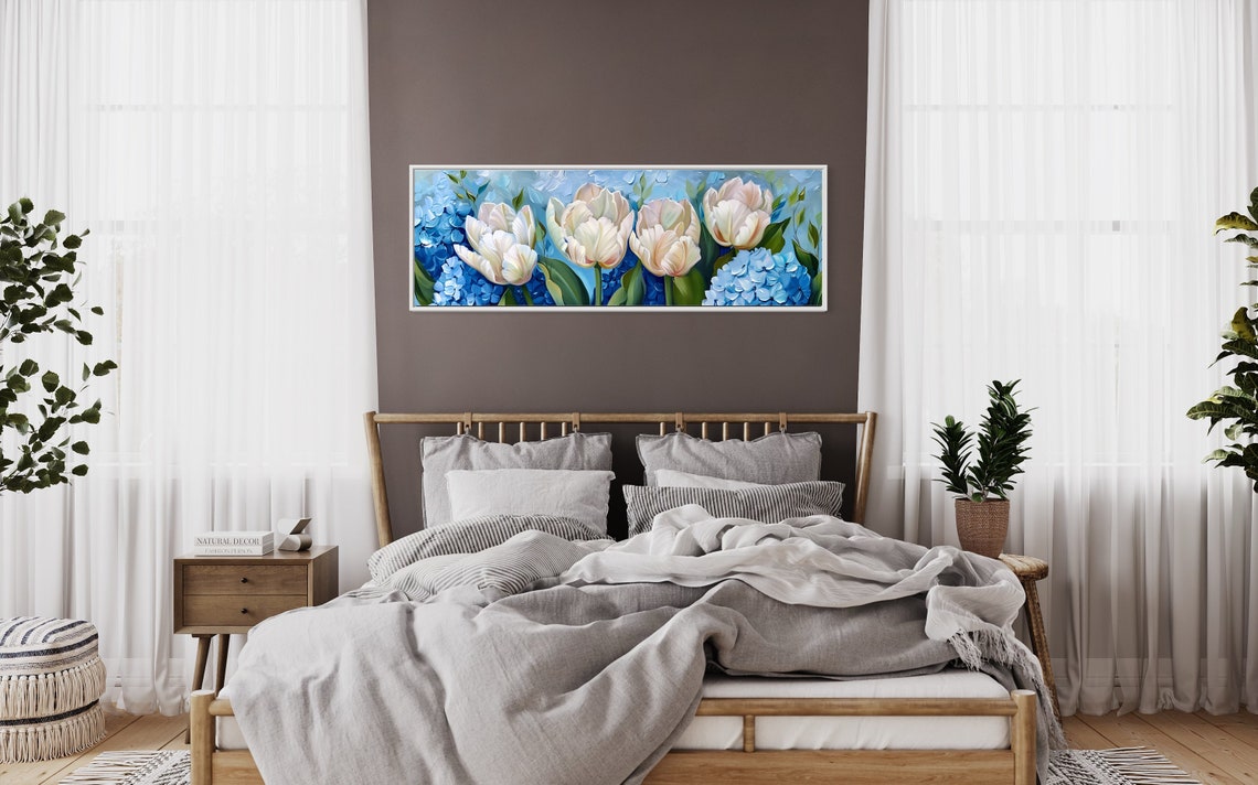 Elegant White Tulips Blue Hydrangeas Panoramic Floral Painting Poster - Image 4