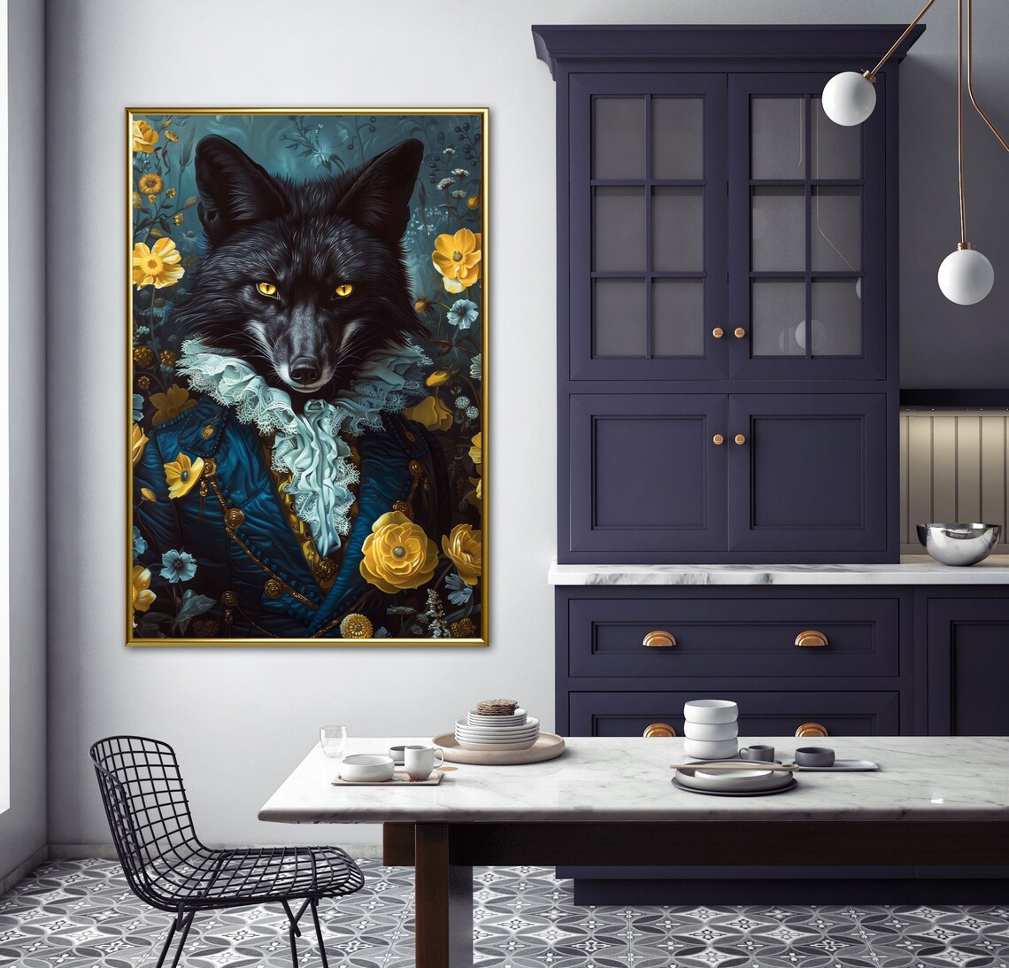 Victorian Fantasy Black Fox Yellow Eyes Regal Floral Art Poster - Image 2