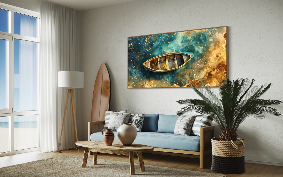 Wooden Rowboat Turquoise Gold Abstract Sea Rustic Coastal Wall Art - Image 4