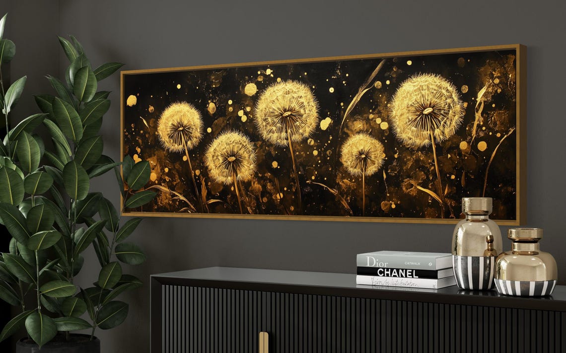 Golden Dandelion Seed Heads Black Background Elegant Panoramic Poster - Image 5
