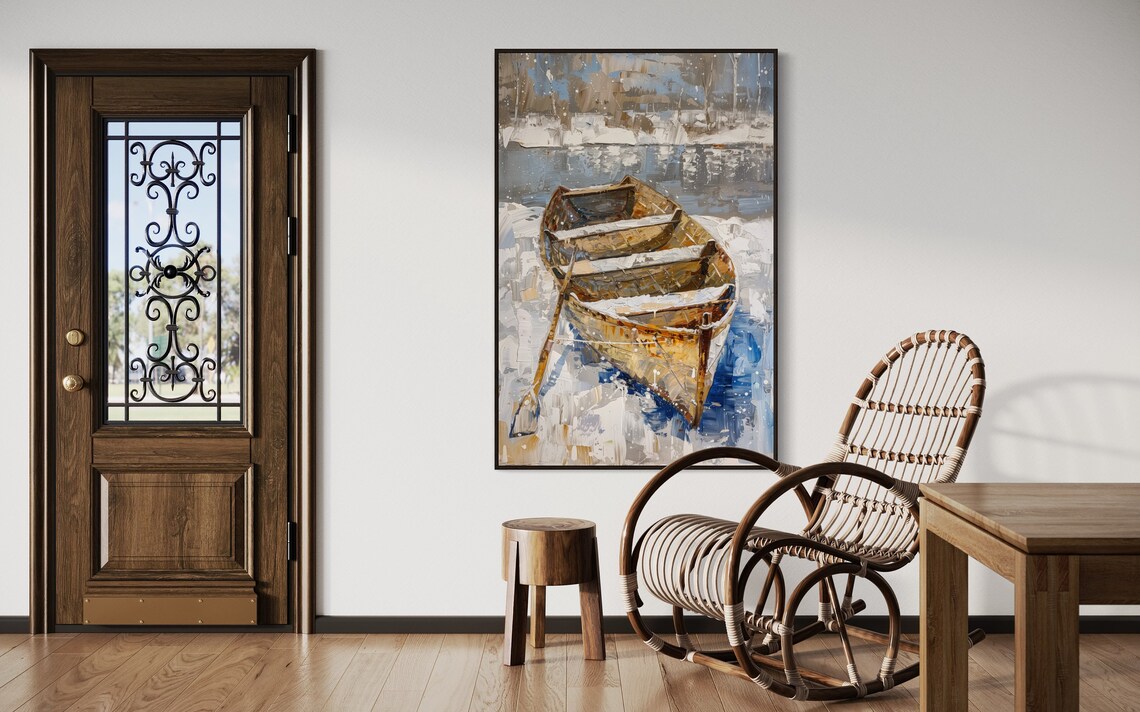 Winter Rowboat Lake House Landscape Art Print - Image 5