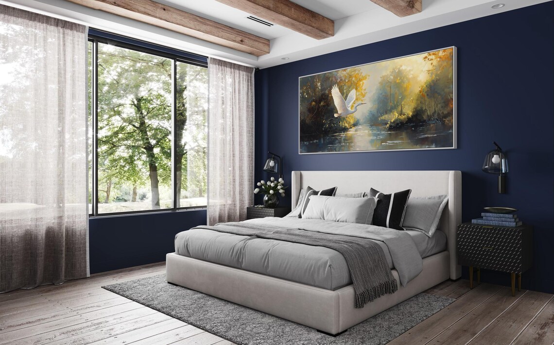 White Heron Art Print, Serene River Landscape - Image 3