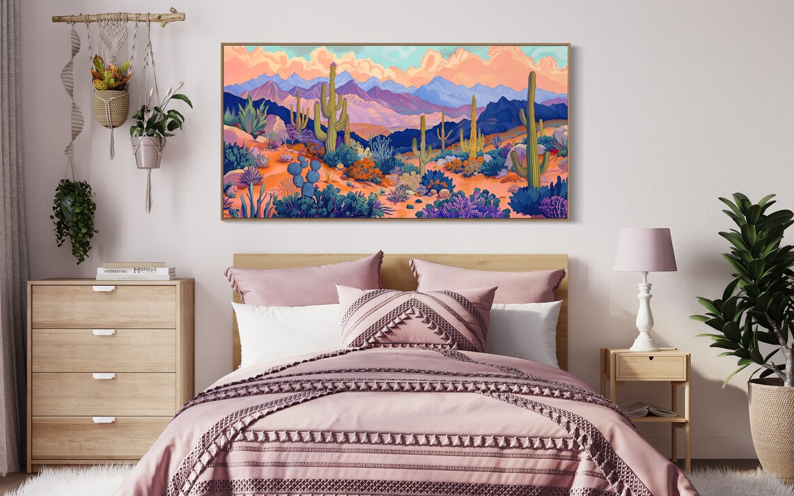 Desert Cactus Landscape Saguaro Purple Mountains Colorful Poster - Image 2