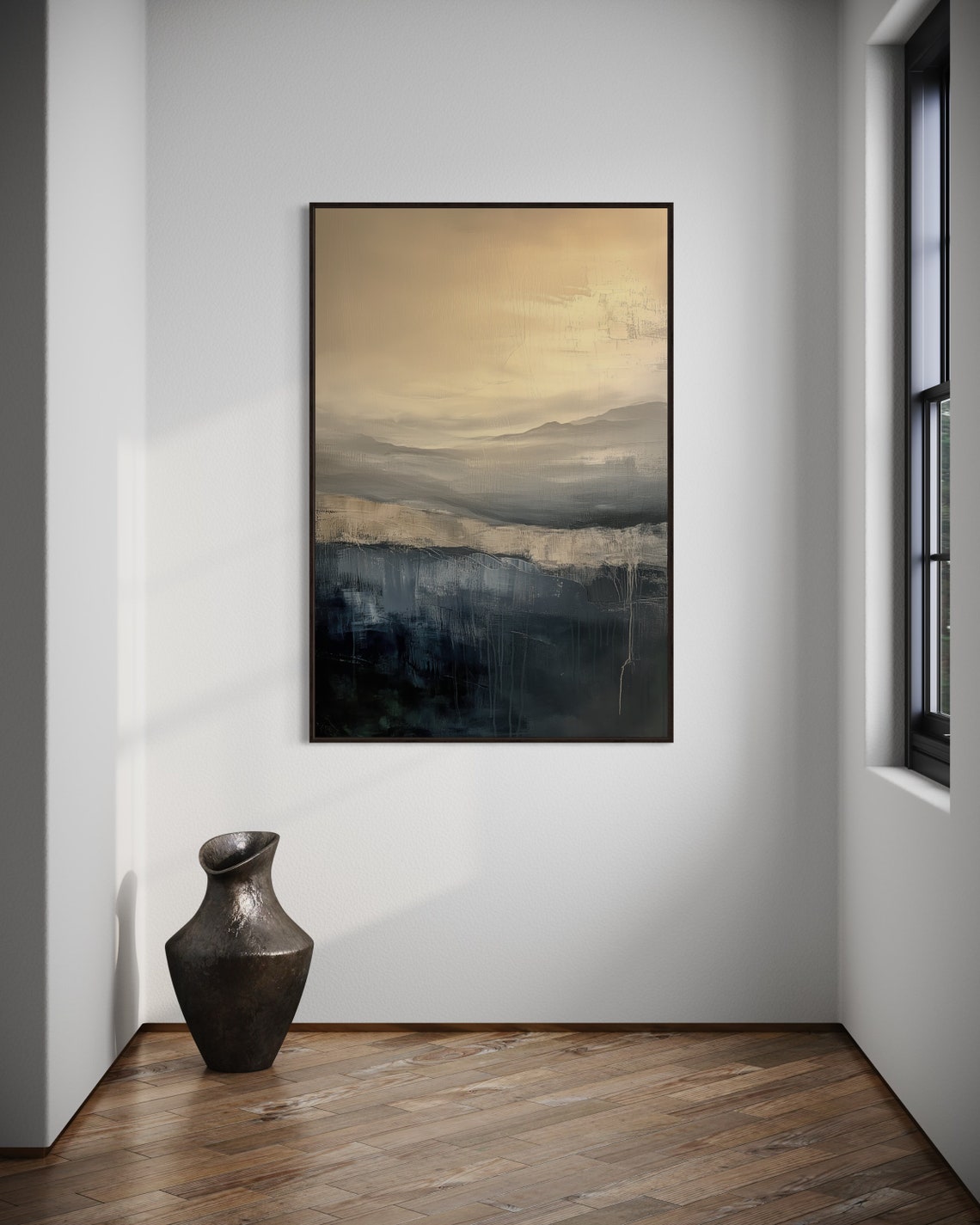 Monochrome Minimalist Mountains Black And Beige Abstract Landscape Art Print Luxury Neutral Clouds For Rustic Decor - Image 2