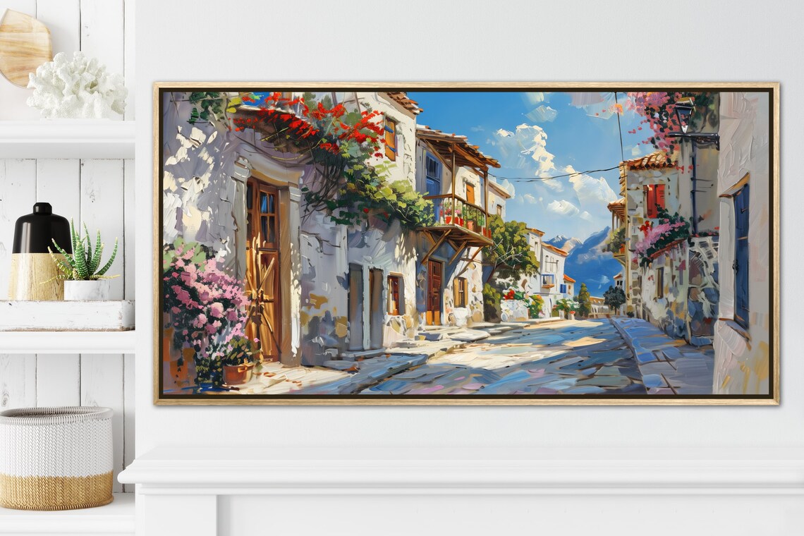 Mediterranean Village Street Blooming Flowers Sunny Old Town Poster - Image 3