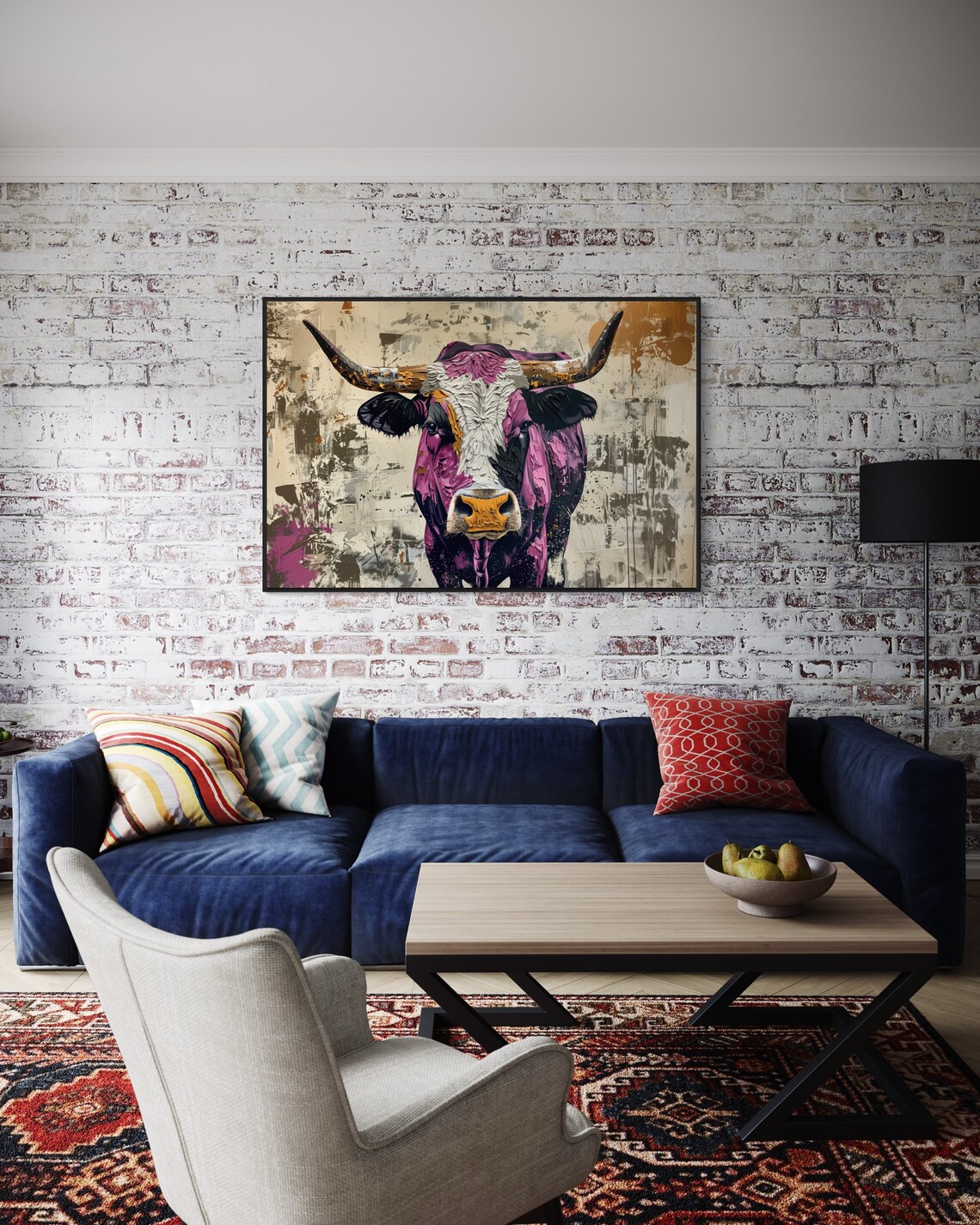 Colorful Longhorn Cow Portrait Rustic Charm Earth Tone Art Poster - Image 3