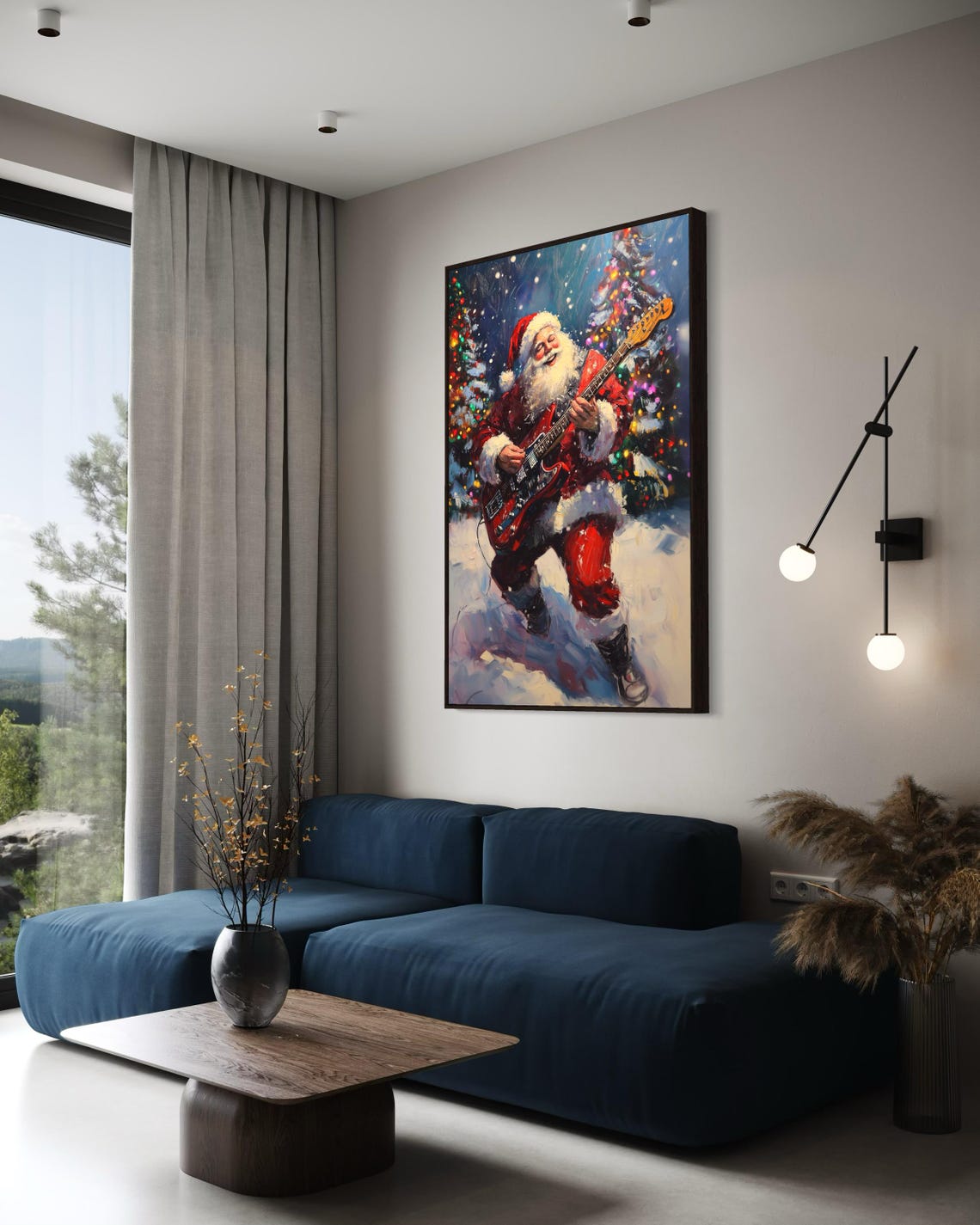 Rocking Santa Claus Electric Guitar Snowy Forest Christmas Poster - Image 2