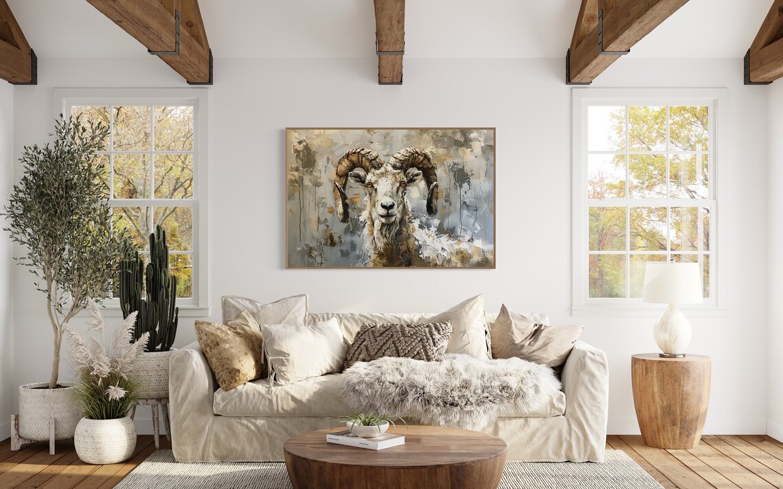 Big Horn Ram Portrait Neutral Tones Wildlife Painting Wall Art - Image 2