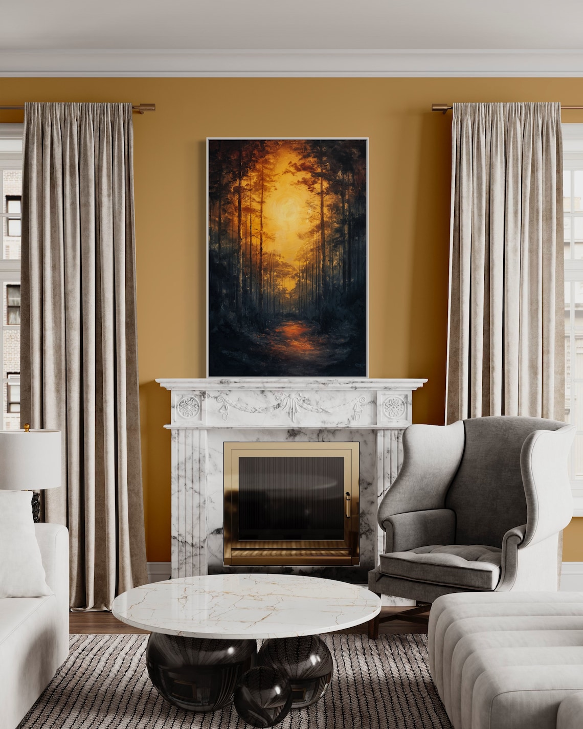 Dark Forest Path Sunset Golden Glow Moody Woodland Art Poster - Image 3