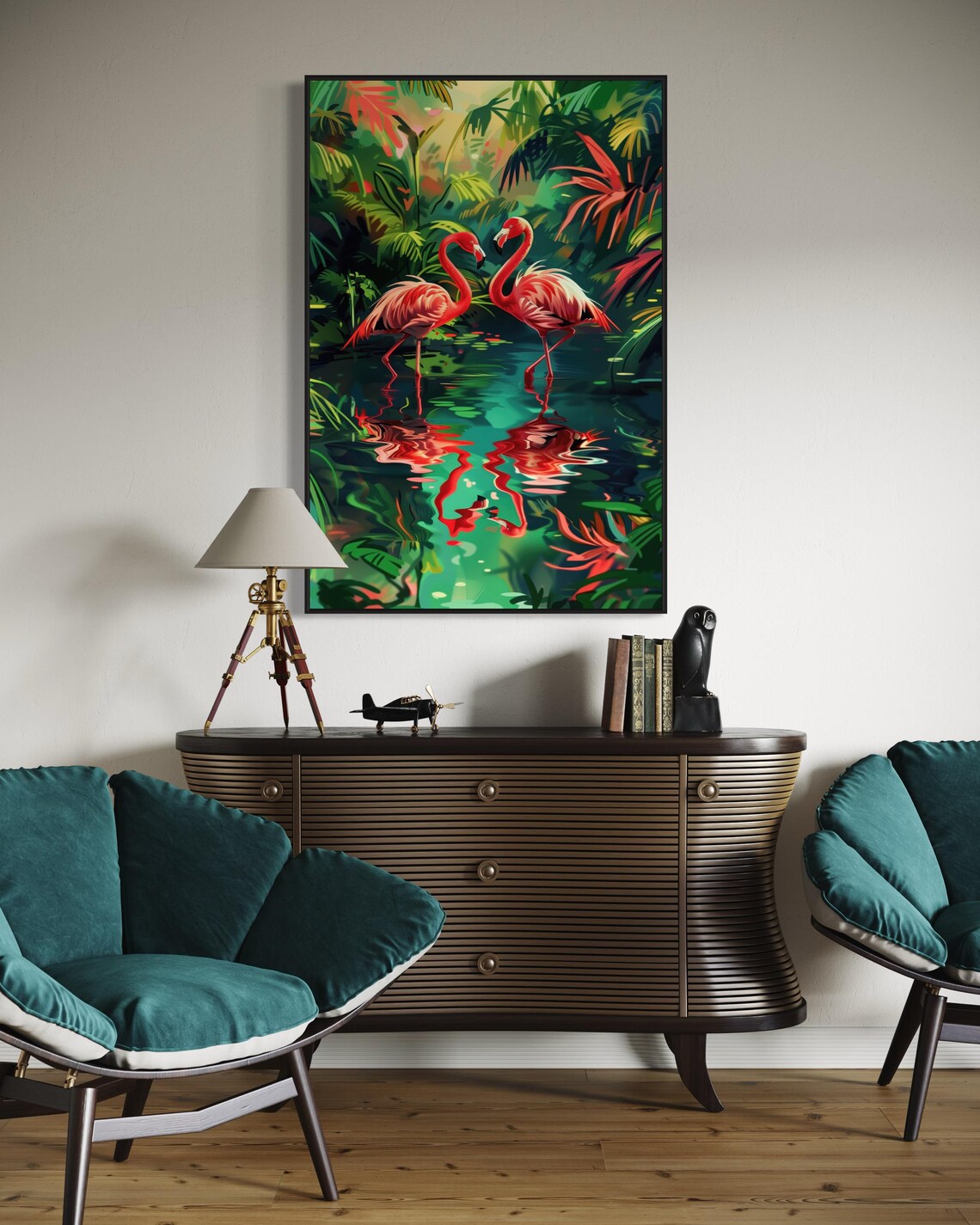 Tropical Flamingo Abstract Art Print, Emerald Green - Image 5