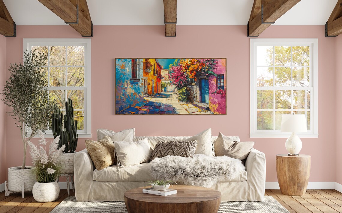 Vibrant Mexican Village Street Bougainvillea Colorful Houses Poster - Image 2
