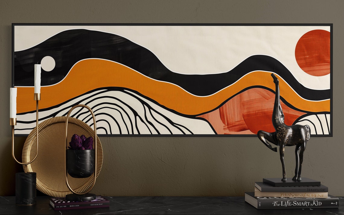 Earth Tone Abstract Wavy Landscape Sun Moon Mid Century Art Print - Image 3