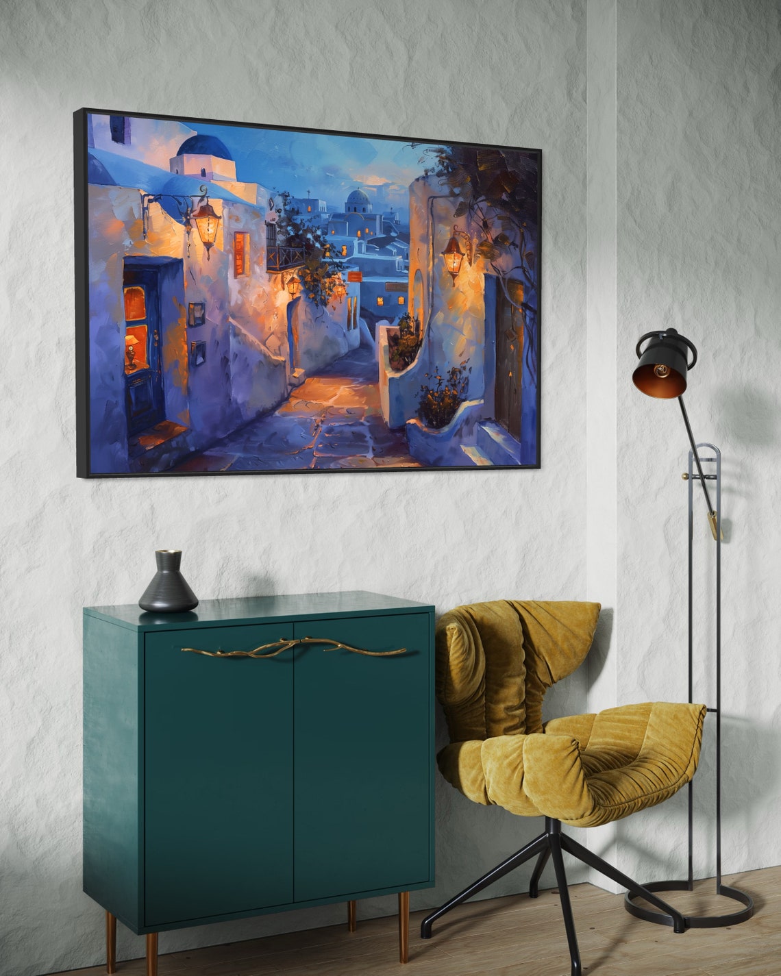 Santorini Greece Blue Hour Whitewashed Alley Lantern Lights Poster - Image 4