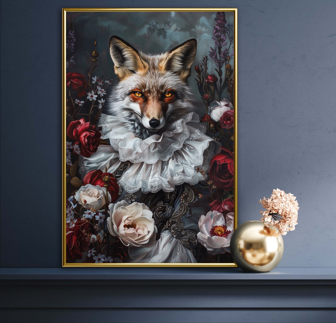 Regal Fox Ruffled Collar Dark Florals Baroque Style Portrait Wall Art - Image 2
