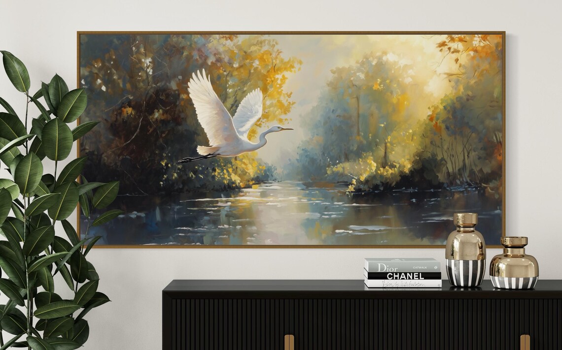 White Heron Art Print, Serene River Landscape - Image 2