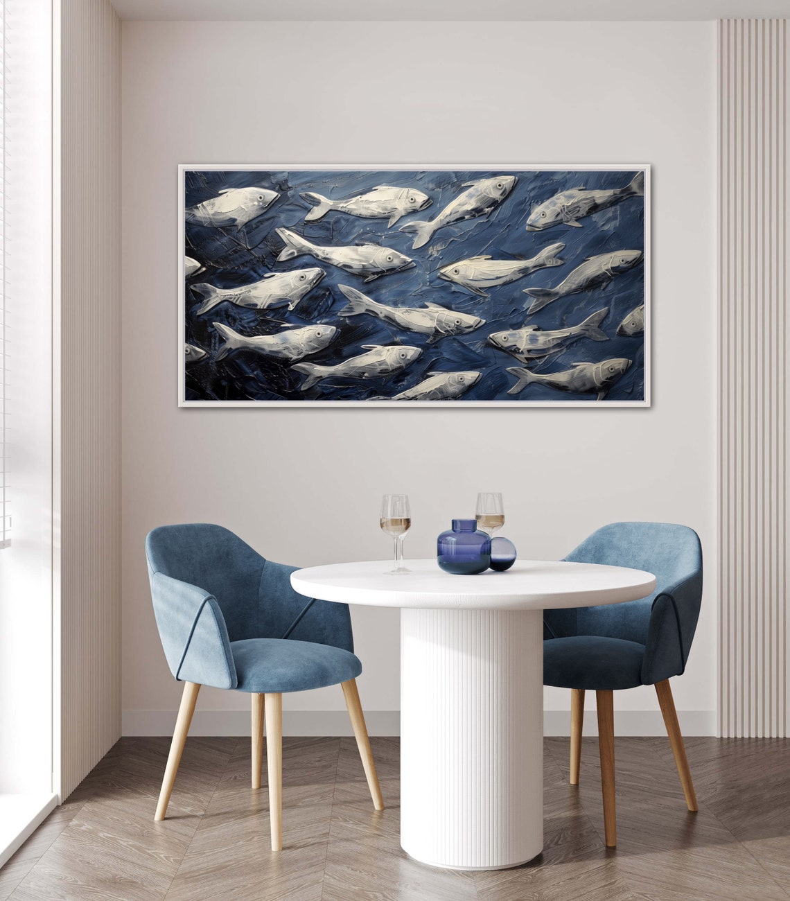 School of Fish White Navy Textured Underwater Ocean Art Print - Image 5