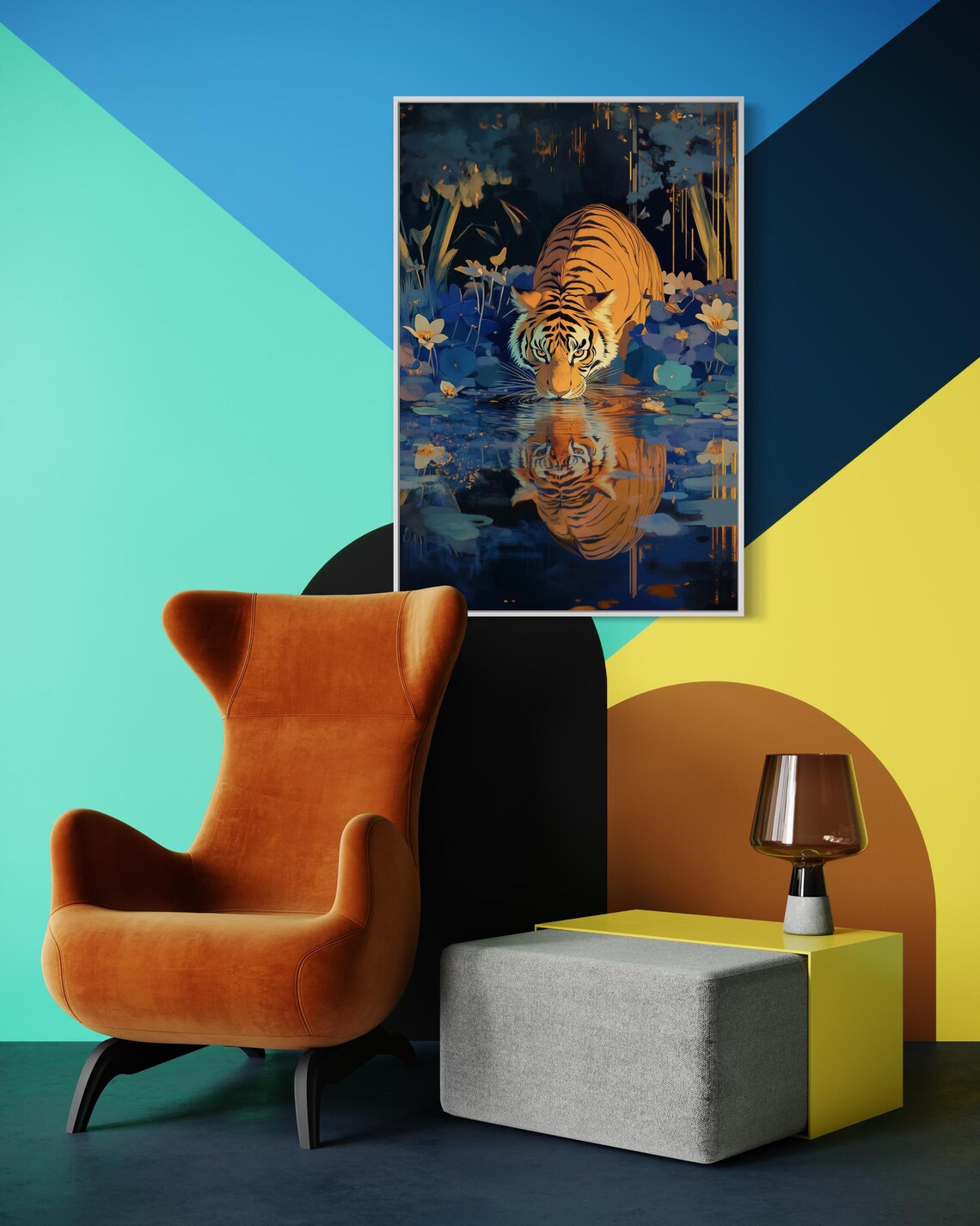Bengal Tiger Drinking Jungle Pond Golden Reflection Night Floral Art Poster - Image 5
