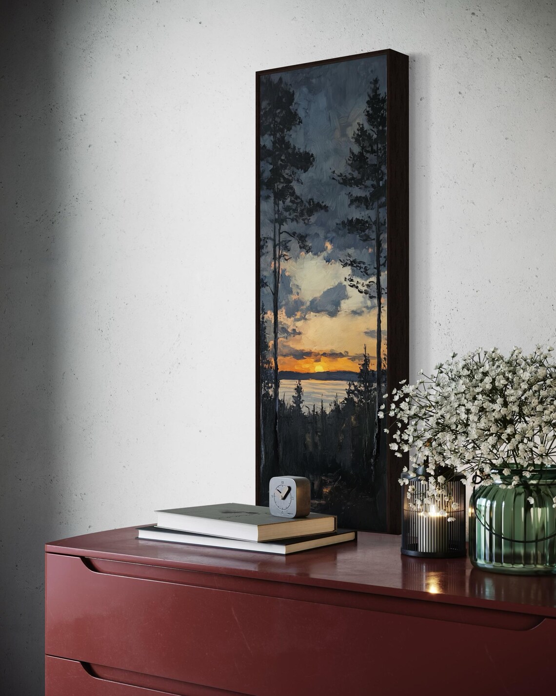 Lake Sunset Wall Art Tall Vertical Forest Print With Tree Silhouettes Mystical Twilight Sky And Reflective Water For Elegant Home Decor - Image 5