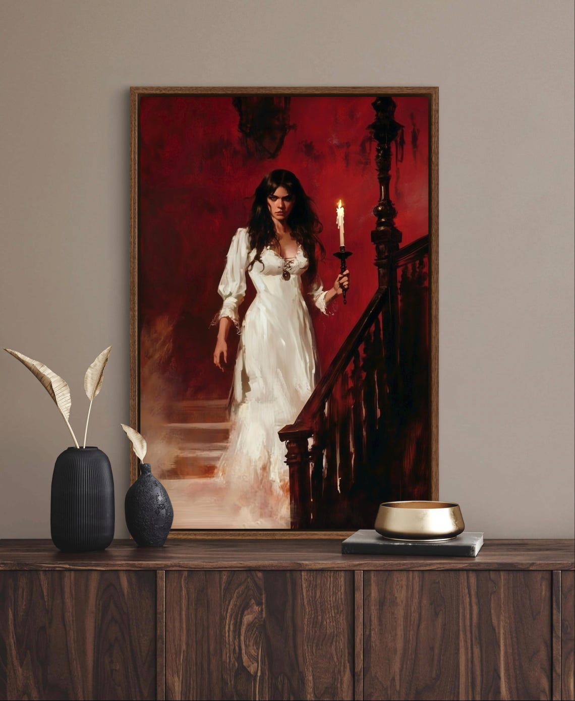 Mystical Gothic Wall Art Candlelit Woman Print With Dramatic Red Backdrop Perfect For Victorian Inspired Or Moody Romantic Room Decor