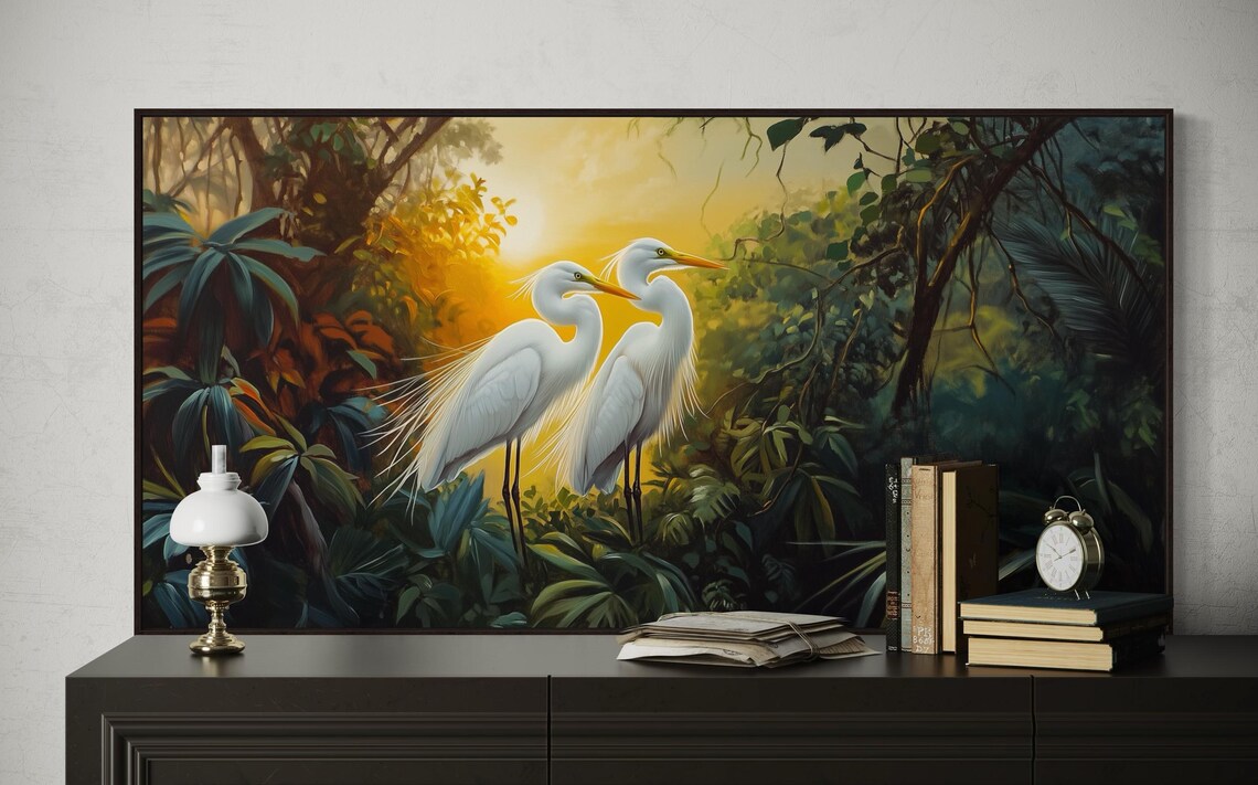 Tropical Egret Art Print, Jungle Wildlife Sunset - Image 2