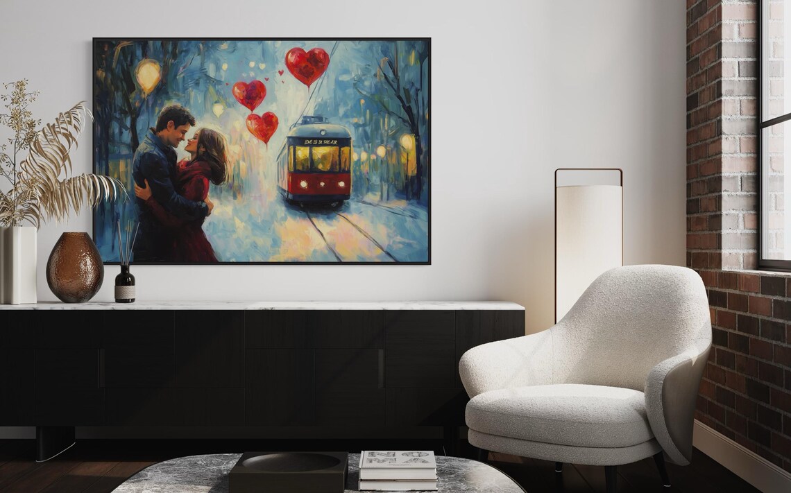 Romantic Couple Heart Balloons Snowy City Tram Night Love Art Poster - Image 2