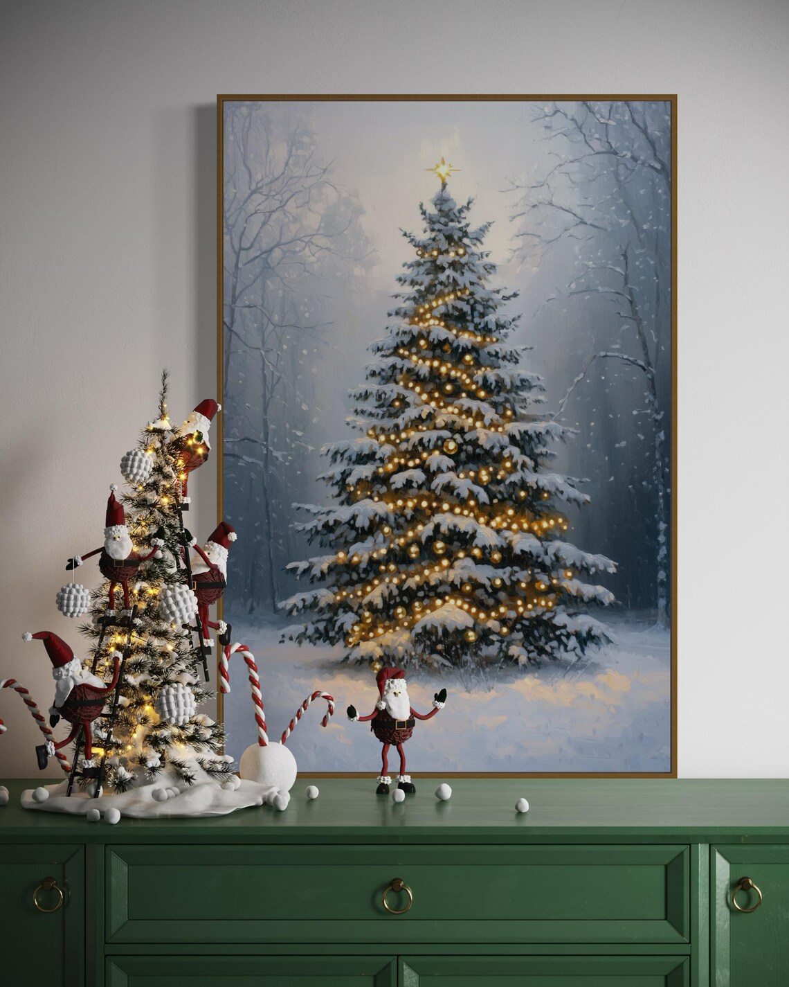 Glowing Christmas Tree Golden Lights Snowy Forest Winter Holiday Print - Image 4