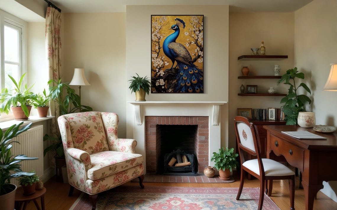 Vibrant Blue Peacock Gold Leaf Background Cherry Blossom Elegant Print - Image 3