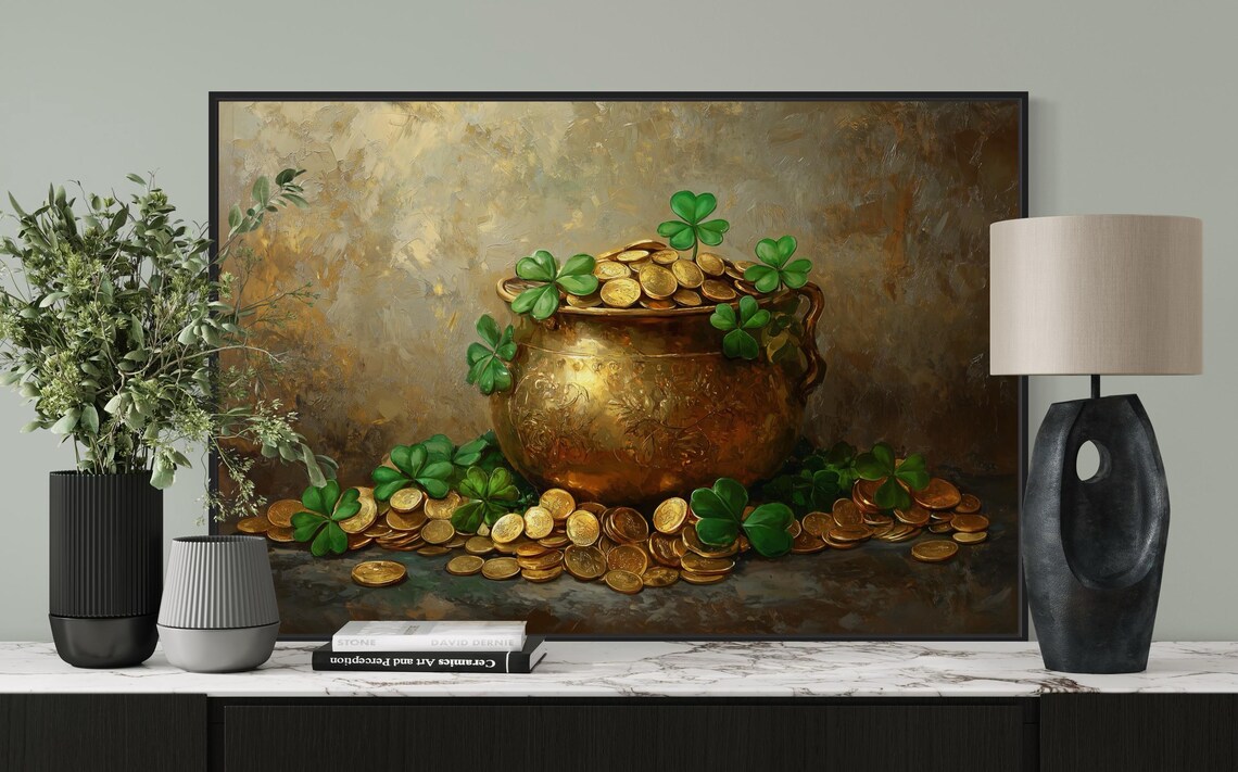 Golden Pot Of Coins Irish Luck, Shamrock Art Print
