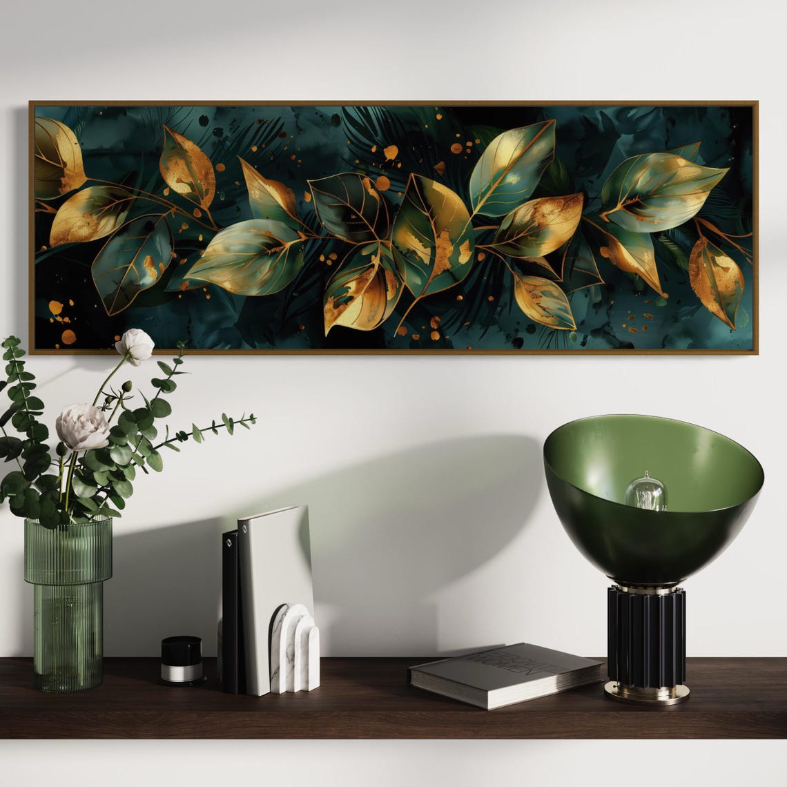 Elegant Gold Black Leaves Panoramic Botanical Luxury Wall Art Print