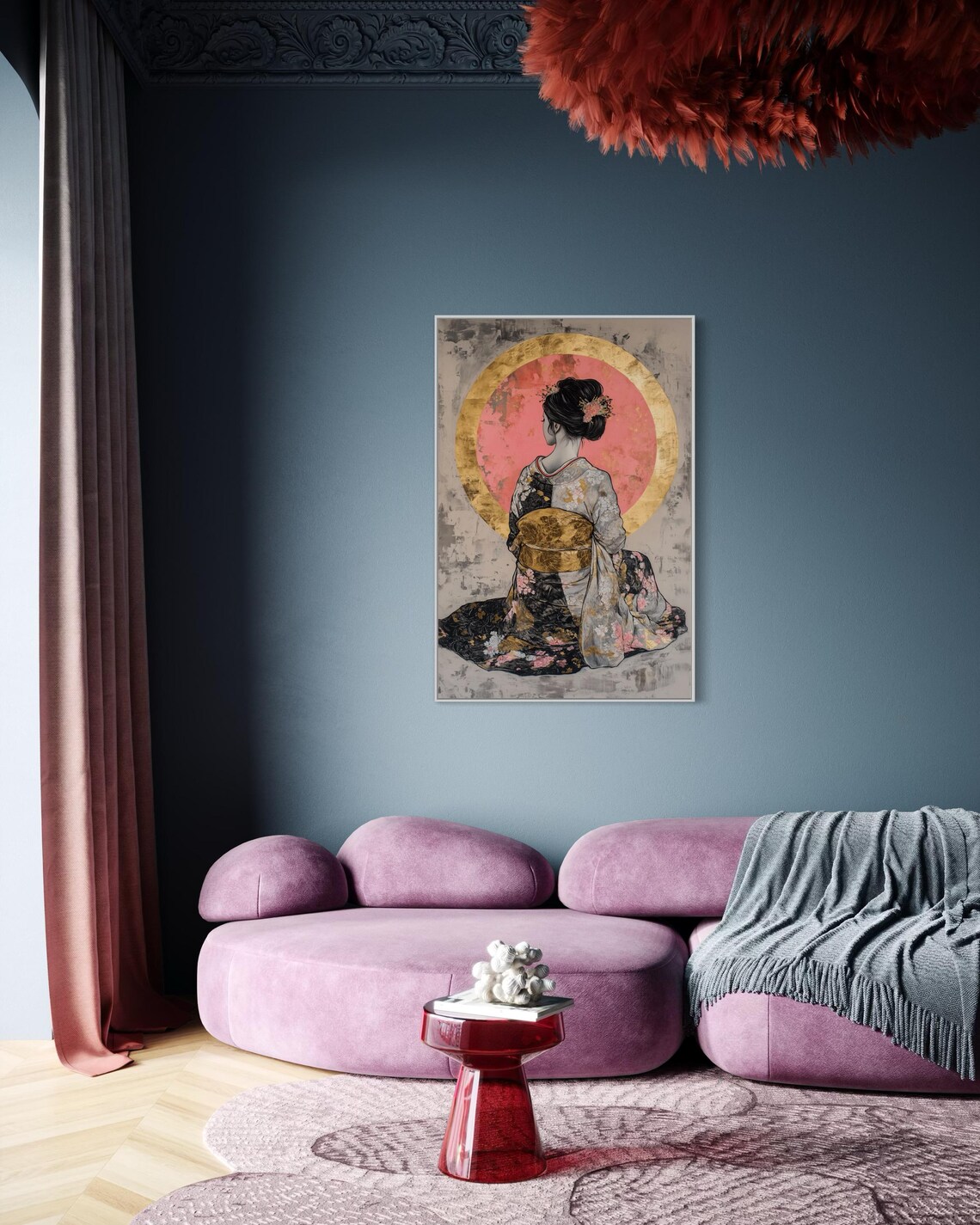 Japanese Geisha Moon Floral Living Room Art Print - Image 2