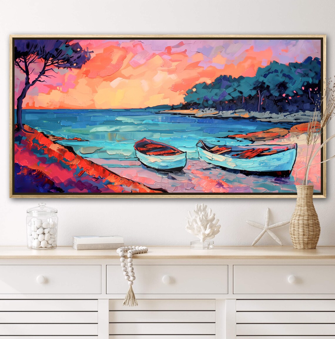 Sunset Boats Colorful Shore Fauvist Pink Sky Vibrant Coastal Poster - Image 5