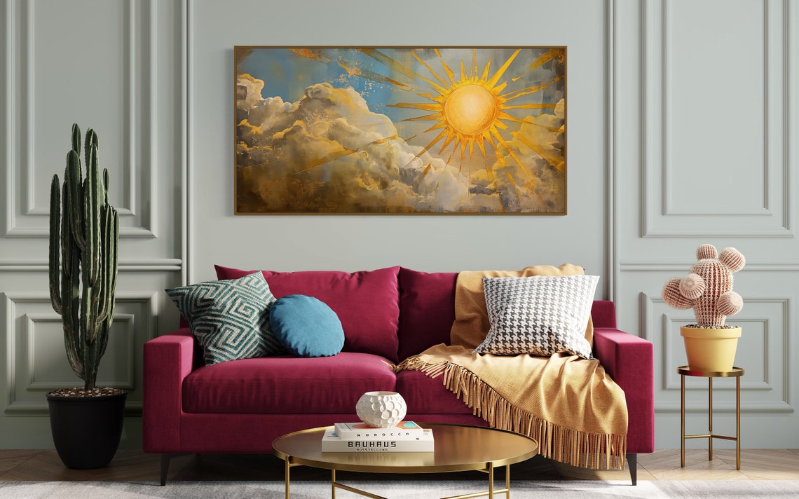 Golden Sun With Radiant Rays Over Painterly Clouds Sky Wall Art - Image 3
