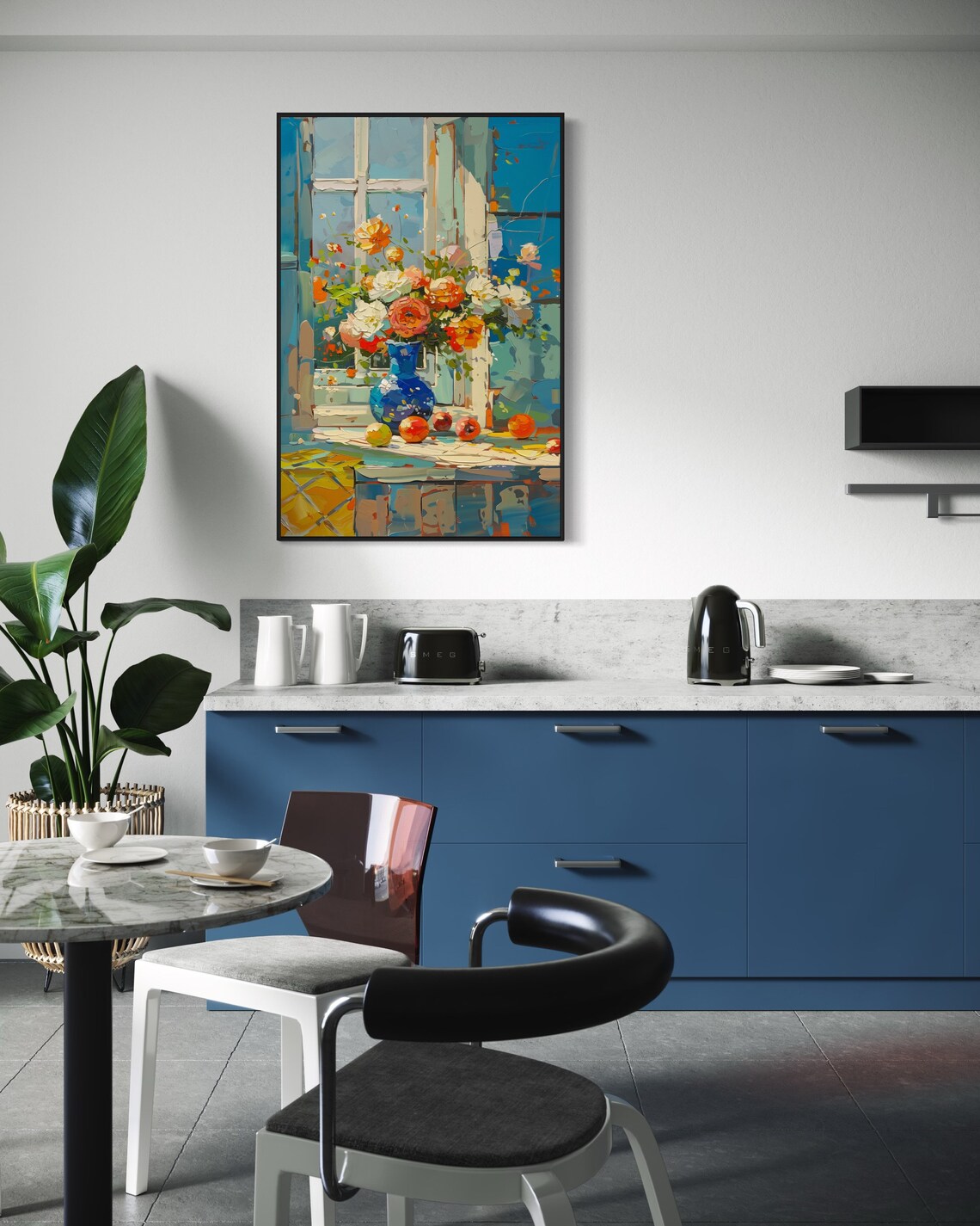Rose Bouquet in Blue Vase Sunlit Window Still Life Wall Art Print - Image 3