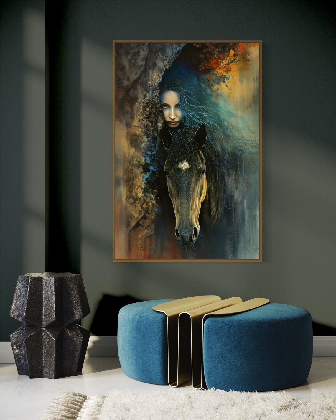 Mystical Woman Blue Hair Dark Horse Dramatic Fantasy Wall Art - Image 3